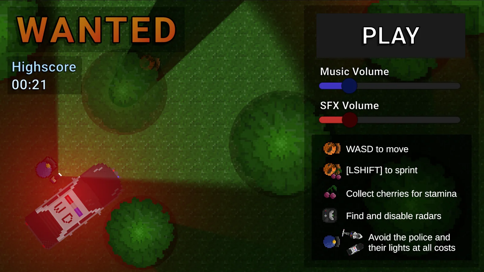 Wanted main menu: the title over a gameplay backdrop, a best time of twenty-one seconds, volume sliders, and a control list covering movement, sprinting, cherries and radars